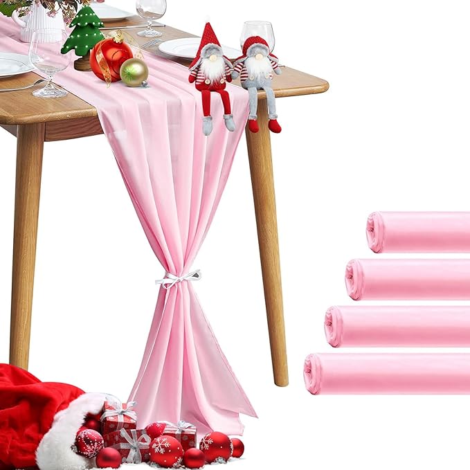 5 Pack 10Ft Pink Chiffon Table Runner Sheer 29x120 Inch for Romantic Wedding Decor Bridal & Baby Shower Birthday Rustic Party Decoration