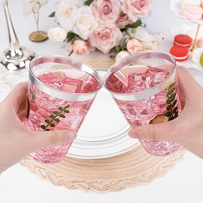 BESTVIP 12oz Silver Plastic Cups, 100 Pack Silver Rimmed Disposable Cups, Heavy-duty Party Cocktail Glasses for Christmas, Thanksgiving, Plastic Cups for Party, Holiday, Wedding and Birthday