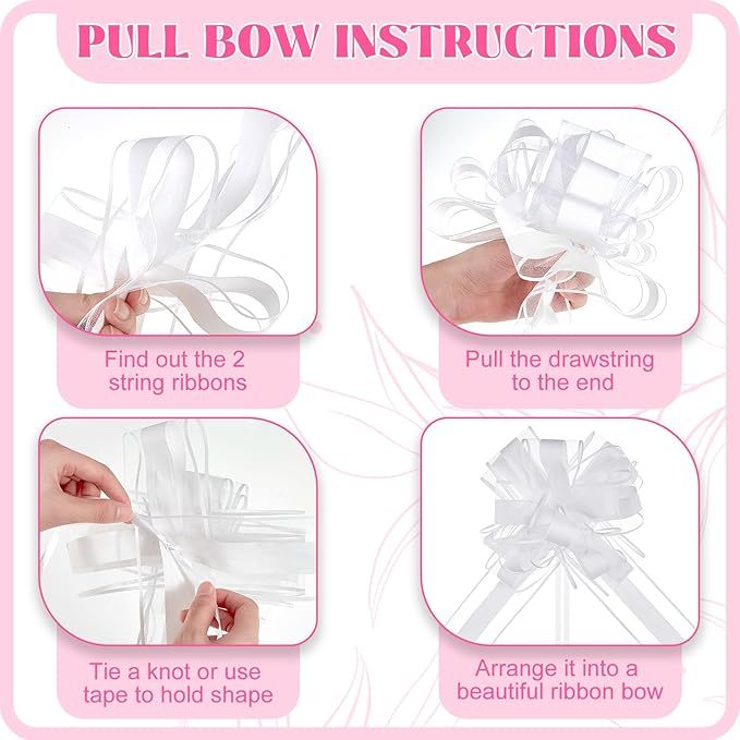 Riceshoot 24 Pcs Wedding Pew Bows with Yarn, Wedding Aisle Decorations for Church Chair Bench, Big Pull Bows for Gift Wrapping Bridal Shower Reception Birthday Anniversary Car Decor