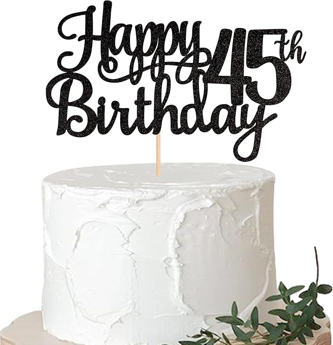 1 PCS Happy 45th Birthday Cake Topper Glitter Cheers to 45 Years Birthday Cake Pick 45 Fabulous Cake Decoration for Happy 45th Birthday Theme Party Decorations Supplies Black