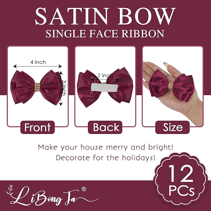 Dark Red Ribbon Bow 4'' Premade Satin Red Bows, Burgundy Gift Bows with Rhinestone, Wrapping Bows for Presents, Greeting Cards, Treat Bags, Valentines Bows for Gift Wrapping-12 Counts