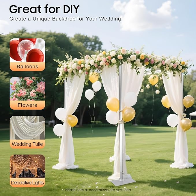 Wedding Backdrop Stand 4 Post,5ft~10 ft Adjustable Wedding Hardware Kit Chuppah Canopy Detachable Metal Background Frame Photo Booth for Party Wedding Ceremony Event