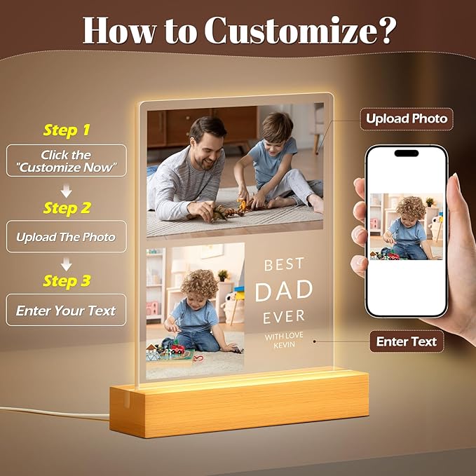 Custom Picture Frames with Photo, Personalized Photo Frame with Night Light, Customized Picture Frames, Custom Photo Gifts, Personalized Birthday Gifts for Dad, Baby, Kids, Family