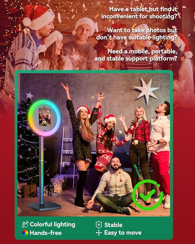 Portable Photo Booth Stand for iPads 10.2in-13in, Provide Cyratok APP Control and RGB Fill Light Lightweight Aluminum Alloy Photobooth Machine for Halloween Rental Wedding