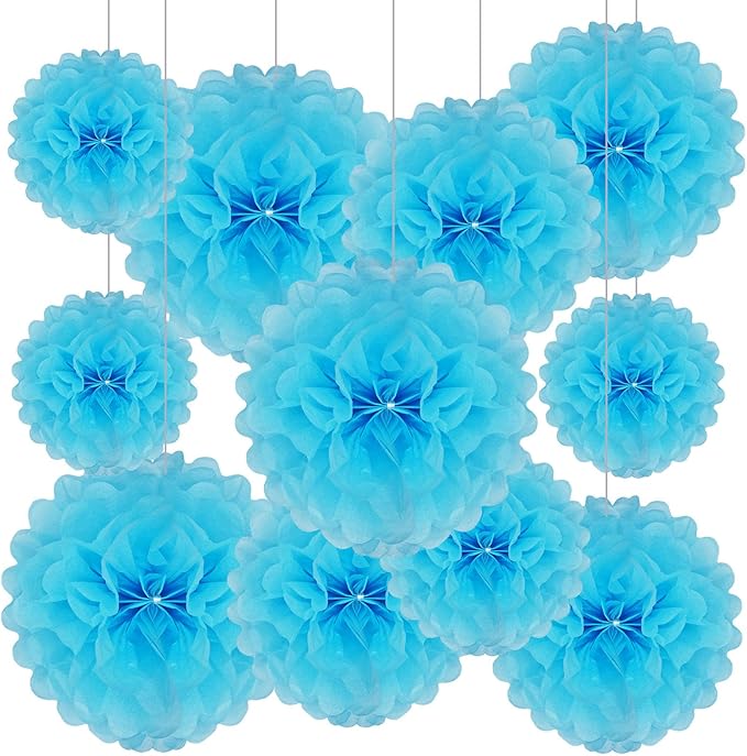 Tissue Paper Pom Poms, Blue Tissue Paper Flowers, Hanging Flower Balls for Weddings Fiesta Parties Birthday Baby Showers Classroom Bridal Shower Decoration (20Piece Set-6/10/12/14Inch)