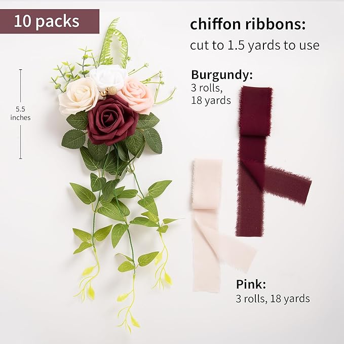 DORIS HOME Wedding Chair Decorations Burgundy Pew Flowers Set of 10 for Wedding Ceremony Party Aisle Decor with Artificial Flowers Eucalyptus and Ribbons