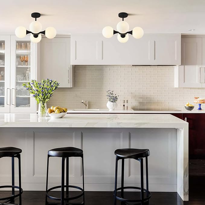 KCO Lighting Mid Century Modern Semi Flush Mount Ceiling Light Fixture Farmhouse Black Globe Sputnik Chandelier Ceiling Light 4-Light Milk Glass Hallway Ceiling Light