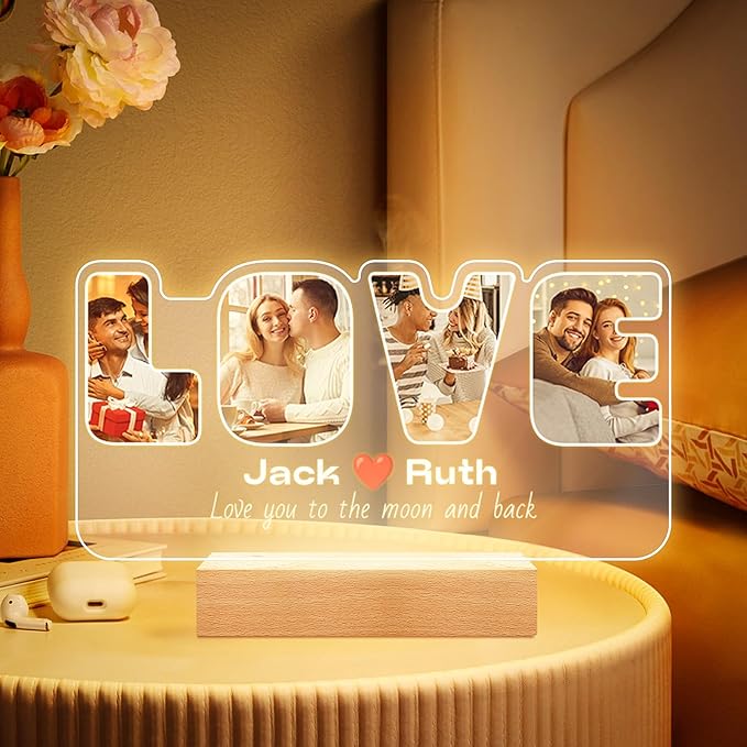 Custom Picture Frames with Photos, Personalized Photo Frame with Night Light, Customized Picture Frame, Personalized Anniversary Wedding Gifts for Women Men Her Him Boyfriend Girlfriend Couples