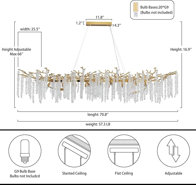 YUYI Modern Crystal Chandelier, 71" Gold Rectangular Chandeliers for Dining Room, Large Tree Branch Chandelier Luxury Ceiling Light Fixture for Living Room, Kitchen Island, Foyer, 5 Year Warranty
