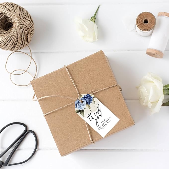 Andaz Press 100-Pack Thank You For Celebrating With Us Favor Tags Icy Blue Roses Cardstock Gift Tags with Bakers Twine for Wedding Baby Shower Bridal Shower Birthday Party Favors 2 x 3.75-Inches