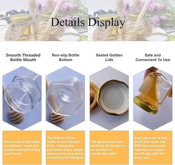 IIKUM 40 Pack Glass Honey Jars, 1.5 oz Hexagon Honey Pots with Lids, Dippers, Bee Pendants, Gift Bags, Thank You Cards, Jute and Stickers-Great Honey Jars Set for Baby Shower, Wedding and Party Favors