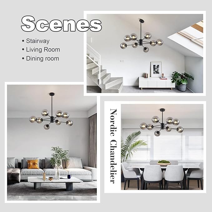 KCO Lighting Modern Glass Globe Sputnik Chandelier 8-Light Mid Century Black Sputnik Chandelier Pendant Light Fixture Farmhouse Industrial Chandelier Light Fixture (Black+Smoke Grey)