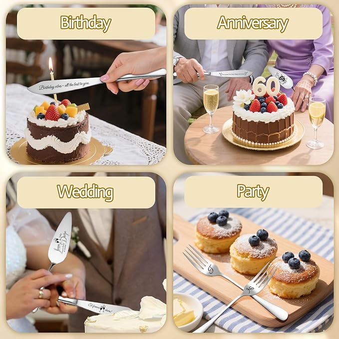 Personalized 4 Piece Wedding Cake Cutting Set, Custom Names Cake Knife and Server set with Forks, Anniversary Birthday Bridal Wedding Registry Gifts (Silver)