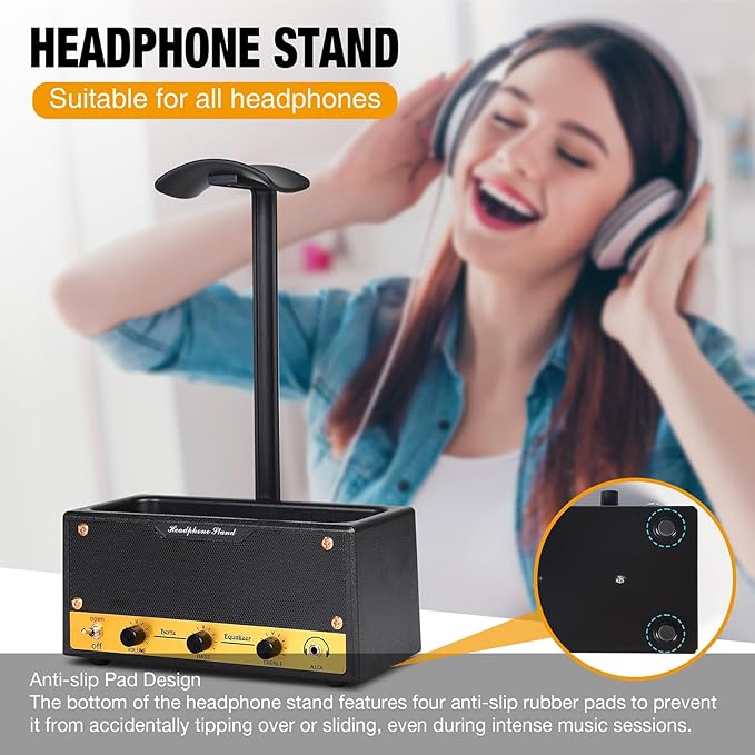 Headphone Stand with Cable Storage, Display Music Lovers' Decorative Items & Suitable Headphone Holder, Contains 1 Base 1 Support Rod 1 Headrest (Metal Texture Black)