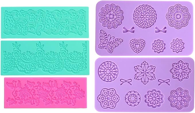 Embossing Lace Fondant Moulds, Multi Circle Flowers Lace Mat Wedding Cake Decoration Tool, Rattan Shaped Cupcake Mat Silicone Molds set of 5