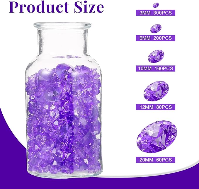 Hicarer 800 Pieces Diamond Decorations Acrylic Diamond Table Scatter Crystals for Table for Vase Fillers Party Decorations(20,12, 10, 6, 3mm,Purple)