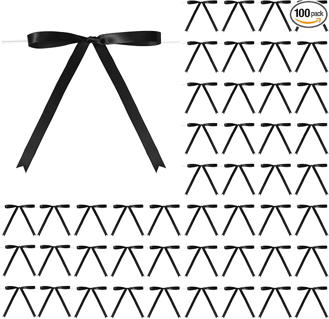 Riceshoot 100 Pcs Twist Tie Bows Bulk 5x7 Inch Satin Ribbon Bows for Gift Wrapping Cake Treat Bags Craft DIY Gift Wedding Baby Shower Birthday Party (Black)
