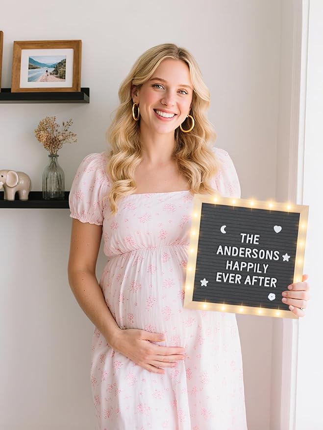 Light up Changeable Felt Letter Board Sign with LED Lights - 10×10" Message Board & Wood Stand & 450 Letters, for Halloween/Birthday/Event/Pregnancy/Baby Announcement/Home Wall Decor Gifts, Grey