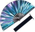 Large Rave Fan, Clack Folding Hand Fan with Premium Fabric, Thick Bamboo Frame for Men Women Gift for EDM, Festival, Club, Party, Dance, Decoration (Holographic Blue-Purple, 11")