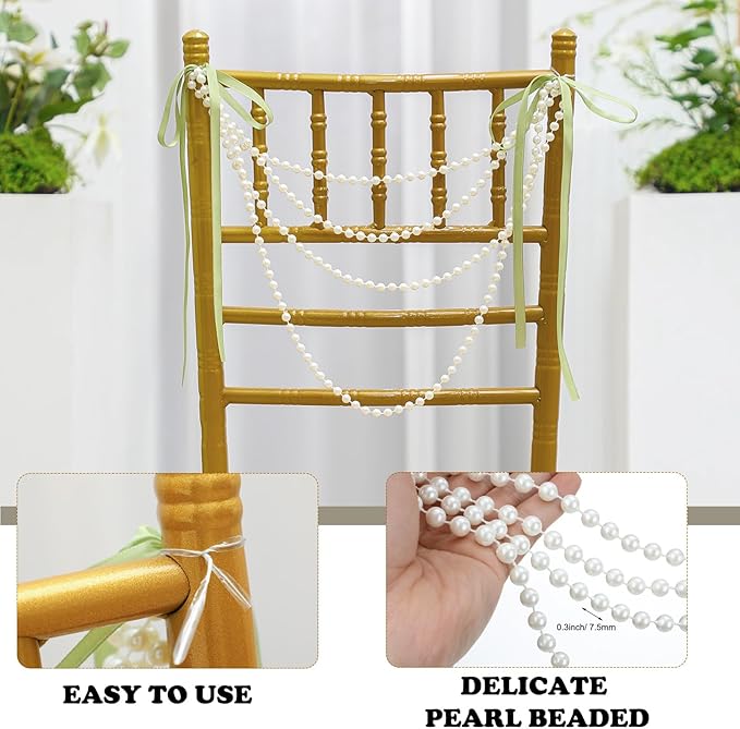 16 Pcs Wedding Pearl Bow Chair Decor Satin Ribbon Bows with Pearl Beaded String Garland Aisle Chair Sashes Decorations for Ceremony Coquette Party Banquet Decor (Sage Green)