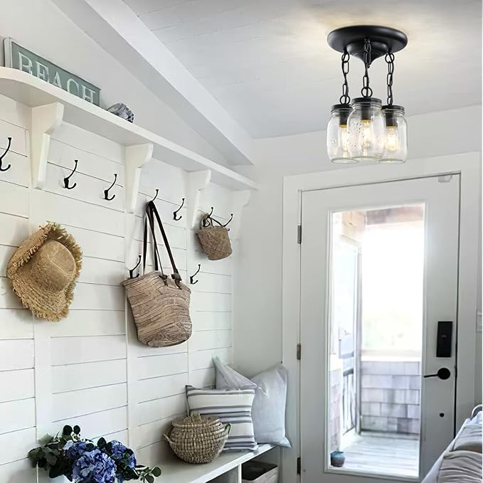 Black Pendant Lights, 3-Light Clear Glass Pendant Lights Kitchen Island, Mason Jar Light Fixtures, Farmhouse Mason Jar Pendant Lighting for Kitchen Dining Room Bedroom Hallway Entryway