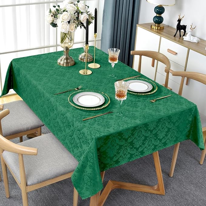 Jacquard Tablecloth Rectangle 60 x 120 Inch, Spill Proof Wrinkle Free Polyester Table Cloth, Durable Fabric Damask Table Cover for Dinning, Holiday, Party, Winter, Green