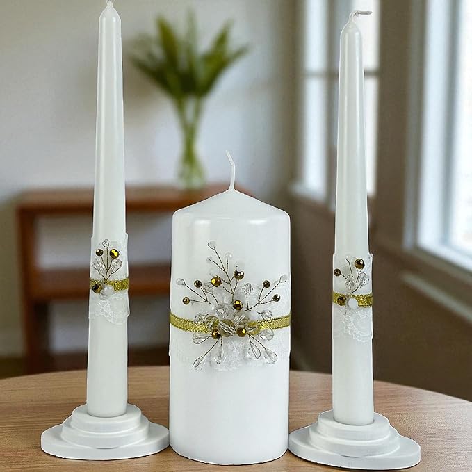Unity Candle Set - Wedding Ceremony & Reception – 6” Pillar & Two 10” Taper Candles – Long Burning Unity Candles for Marriage Ritual – Handmade in USA – Diamond |Gold