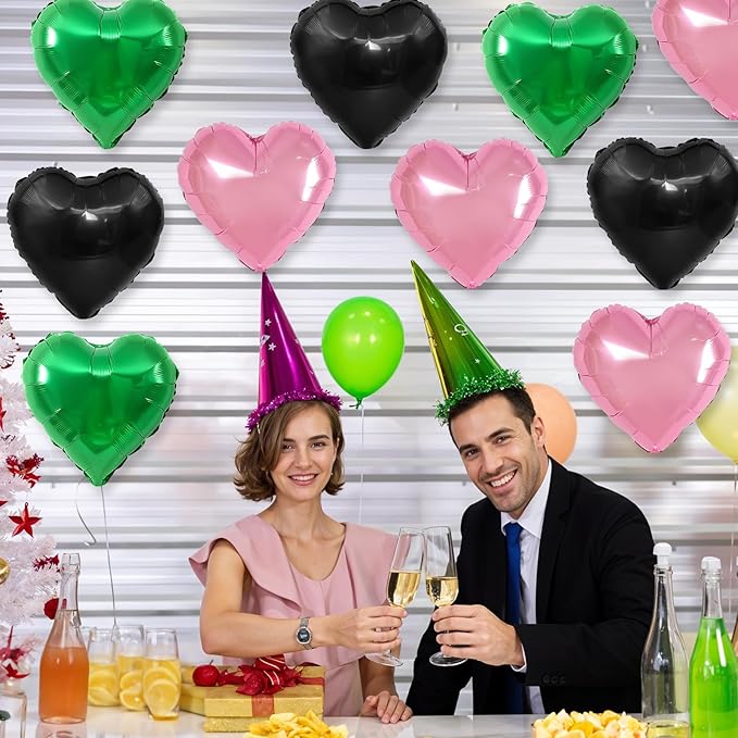 Black Green Pink Heart Balloons,12Pcs 18Inch Pink Green Heart Shaped Foil Helium Balloons for Baby Shower Witch Themed Birthday Anniversary Party Decorations