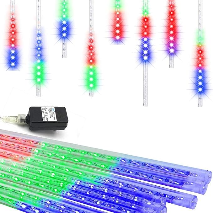 Meteor Shower Lights UL Certified 192LEDs 8 Tubes Falling Rain Drop Christmas Icicle Cascading Lights for Xmas Tree Halloween Decorations Wedding Party Holiday Garden Decor, Multicolor