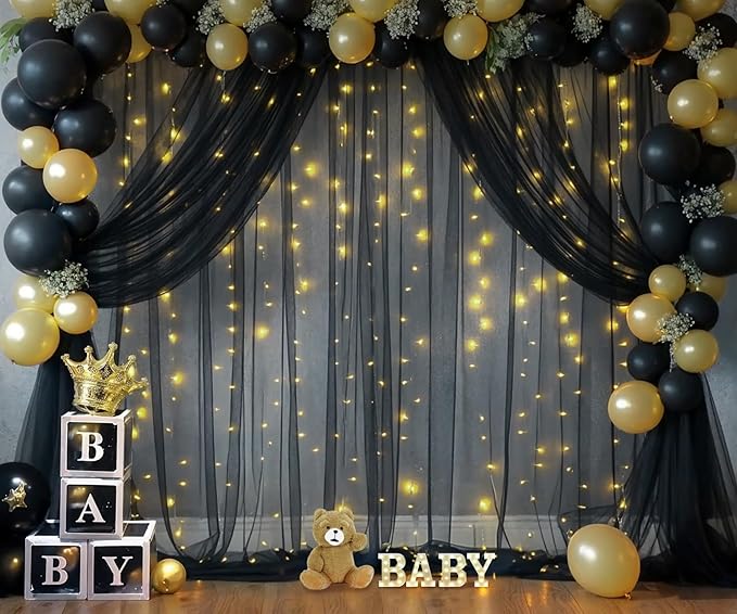 Black Tulle Backdrop Curtain with Lights String for Parites 20ft×8ft Black Sheer Backdrop Curtains for Baby Shower Wedding Bridal Shower Birthday Party Photo Shoot Decorations(4 Panels 5×8ft)