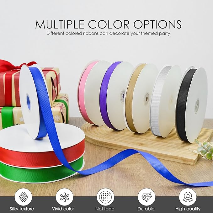 50 Yards 5/8 inch Grosgrain Ribbon, Solid Color Fabric Ribbon Perfect for Gift Wrapping, Wedding, Handmade Bows, Floral Bouquets and Party Decoration(Black)