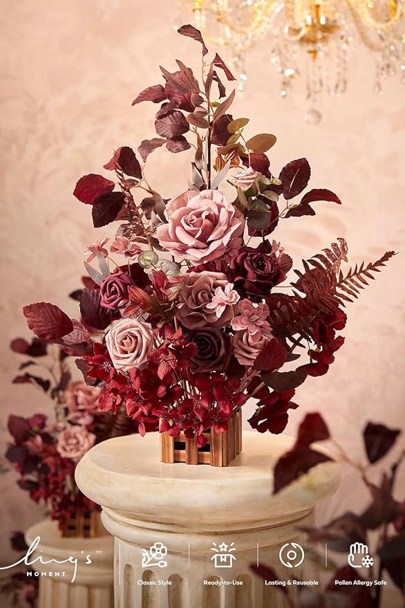 Ling's Moment 17.5" Tall Free Standing Artificial Flowers Arrangements 4 pcs Wedding Aisle Runner Chair Decorations Burgundy & Dusty Rose for Ceremony Reception Rose Floral Party Outdoor Centerpieces