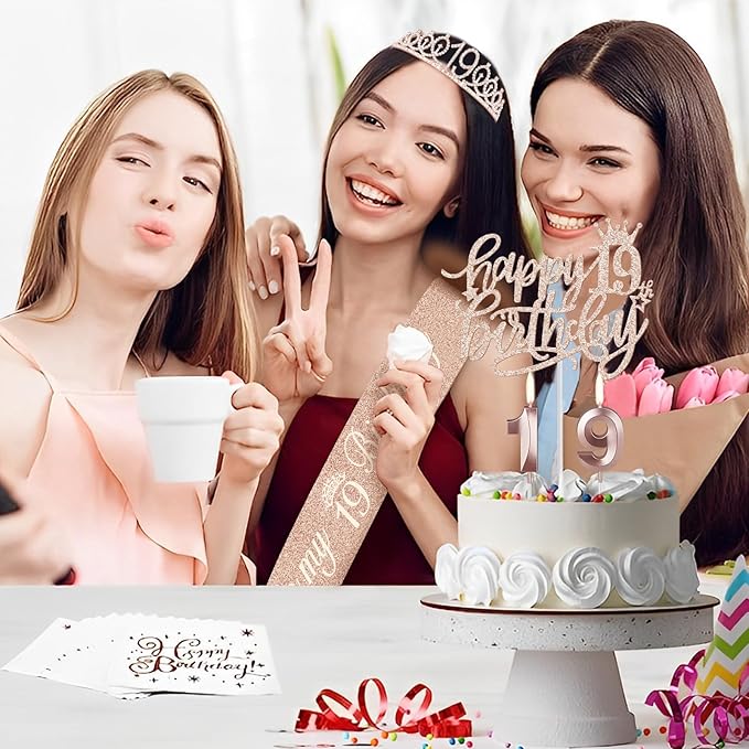19th Birthday Decorations Including Birthday Sash, Tiara/Crown, Numeral Candles and Cake Topper, 19 Year Old Girl Gifts, Rose Gold Party Decor Supplies