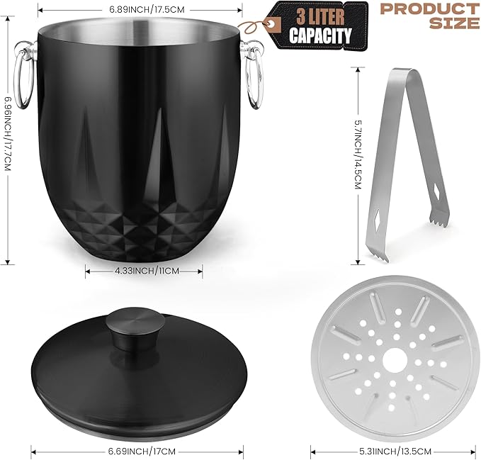 3L Ice Buckets for Parties and Cocktail Bar with Stainless Steel Lid,Tongs & Strainer(Black) Double-Wall Insulated Metal Ice Bucket Keep Ice Frozen Longer for Outdoor Champagne Ice Container Bin