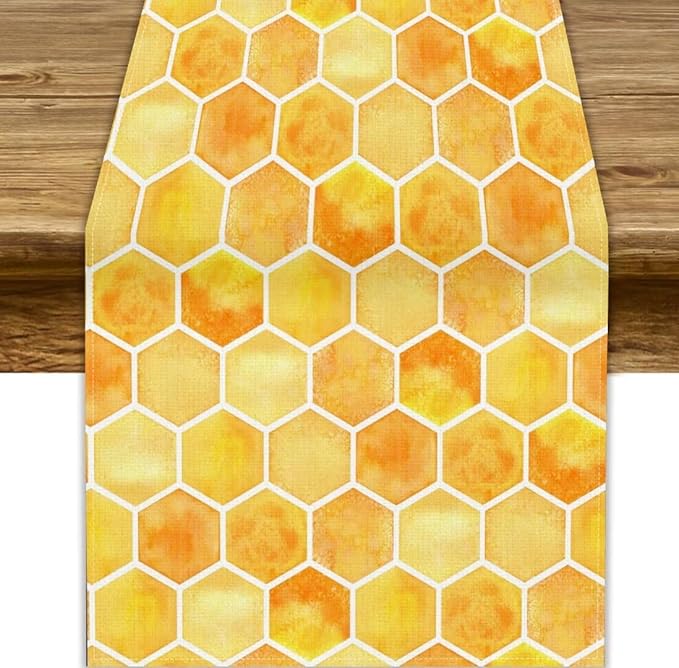 Honeycomb Bee Table Runner, Cute Abstract Geometric Yellow Honeycombs Print Table Cover for Kitchen Dining Table Indoor Outdoor Party Decor, 13x108inch