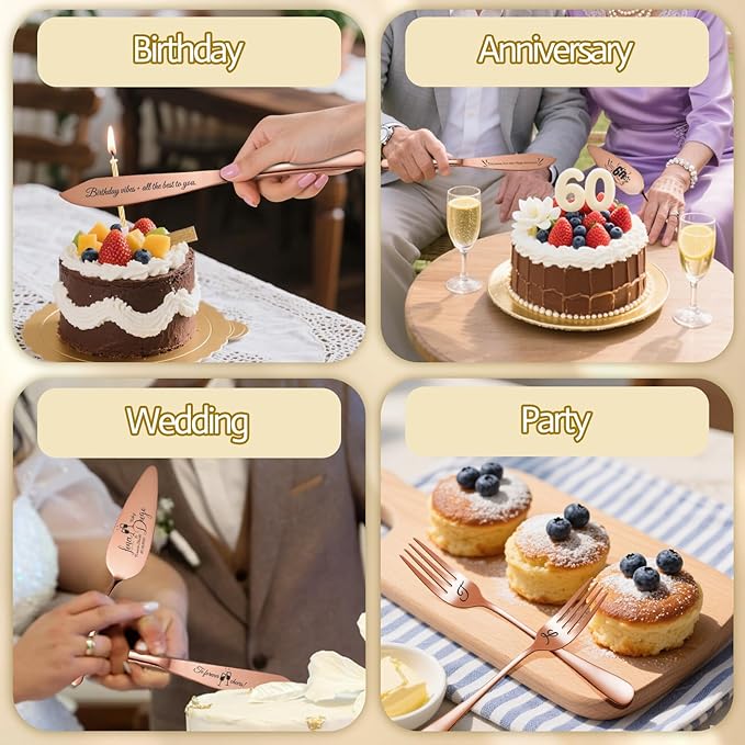 Personalized 4 Piece Wedding Cake Cutting Set, Custom Names Cake Knife and Server set with Forks, Anniversary Birthday Bridal Wedding Registry Gifts (Rose gold)