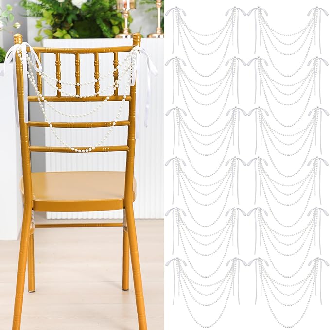 Wedding Pearl Bow Chair Decor Satin Ribbon Bows with Pearl Beaded String Garland Aisle Chair Sashes Decorations for Ceremony Coquette Party Banquet Decor