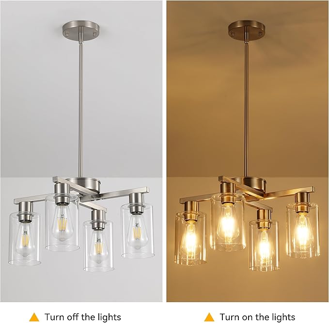 4-Light Modern Farmhouse Brushed Nickel Chandelier, Dining Room Light Fixture Over Table Adjustable Height Hanging Industrial Pendant Lights Kitchen Island, Clear Glass Shade