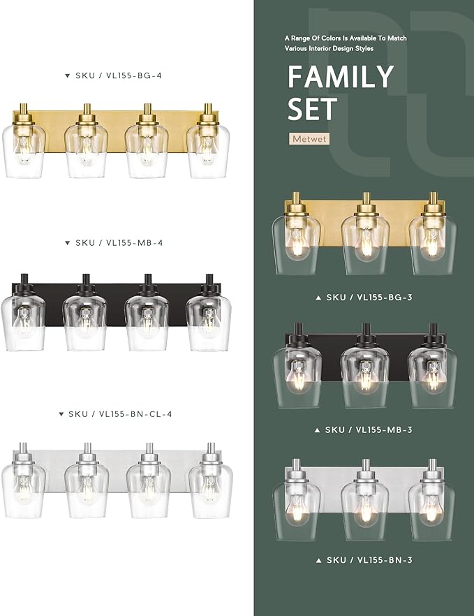 Bathroom Light Fixtures, 3-Light Modern Vanity Light with Clear Glass Wine Glass-Shaped Shade, Vanity Lighting Fixtures Over Mirror, Brushed Gold, VL155-BG-3