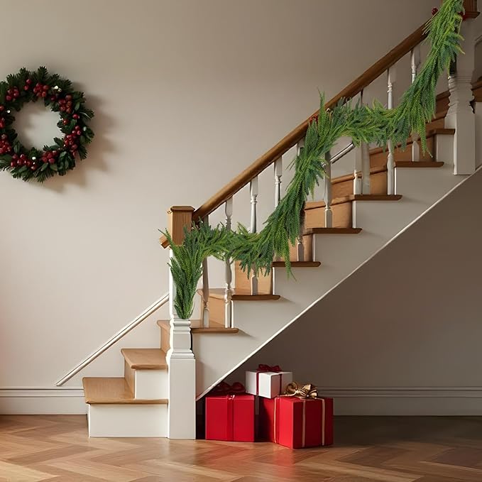 1 Pcs Artificial Norfolk Pine Garlands Christmas, 9 FT Dense Real Touch Winter Pine Garland Ornament, Green Artificial Greenery Garland for Table, Mantle, Wall, Indoor, Outdoor Christmas Decorations
