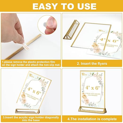 EHWINE 8 Pack 4×6 Clear Acrylic Sign Holder with Gold Borders and Vertical Stand, Double Sided Table Menu Holders Picture Frames for Wedding Table Numbers, Restaurant Signs, Photos and Art Display