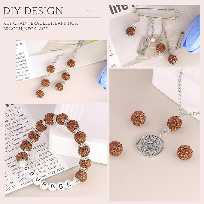 100 pcs 10mm Rhinestone Beads for Jewelry Making, Brown Shiny Round Shamballa Disco Beads Bulk, Sparkle Crystal Clay Christmas for Bracelet Baseball Necklace Earring Crafting and DIY