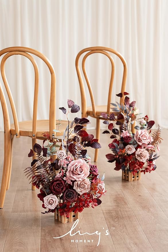 Ling's Moment 17.5" Tall Free Standing Artificial Flowers Arrangements 4 pcs Wedding Aisle Runner Chair Decorations Burgundy & Dusty Rose for Ceremony Reception Rose Floral Party Outdoor Centerpieces
