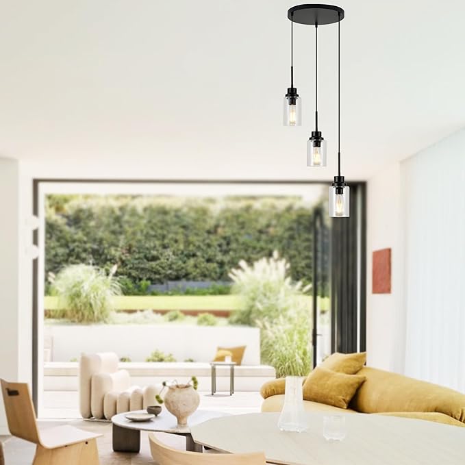 3-Lights Modern Pendant Light Fixtures Black Adjustable Height Ceiling Lights Chandelier with Clear Glass Shades Kitchen Island Lighting Hanging E26 Base for Foyer Dining Room