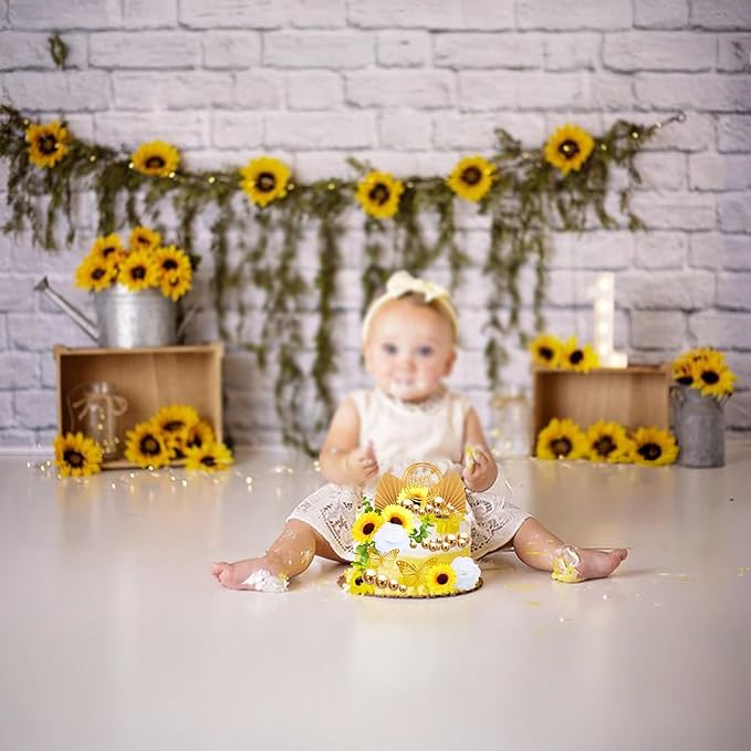 Gyufise 54Pcs Artificial Sunflower Cake Decorations Acrylic Happy Birthday Cake Topper Butterfly Balloon Cake Toppers for DIY Wedding Birthday Valentine's Day Party Supplies Yellow