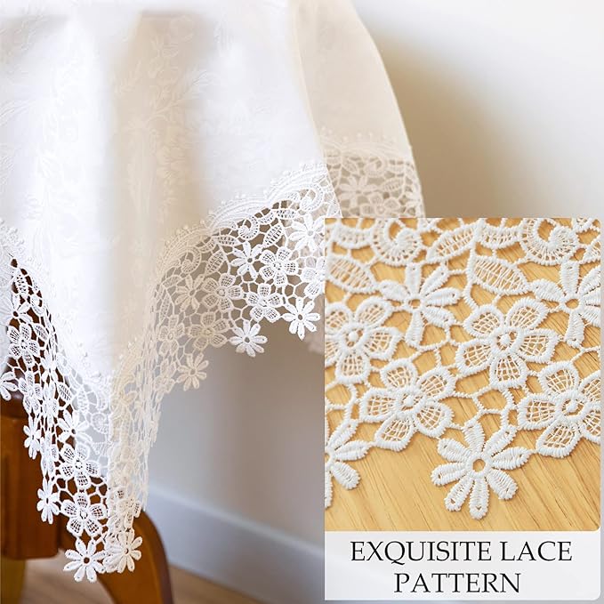 White lace Premium Square Farmhouse Tablecloth Waterproof OilProof SpillProof AntiShrink Soft Wrinkle Resistant Decorative Fabric Table Cover Kitchen Dinning Party Wedding Banquet