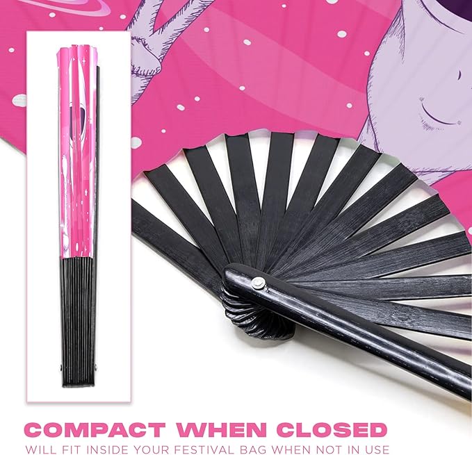 GloFX Rave Fan - Pink Alien - Large Folding Fan -Large Folding Fan for Rave Essentials, Festival Fans, and Alien Accessories - Hand Held Fan for Festival Outfits & EDM Vibes