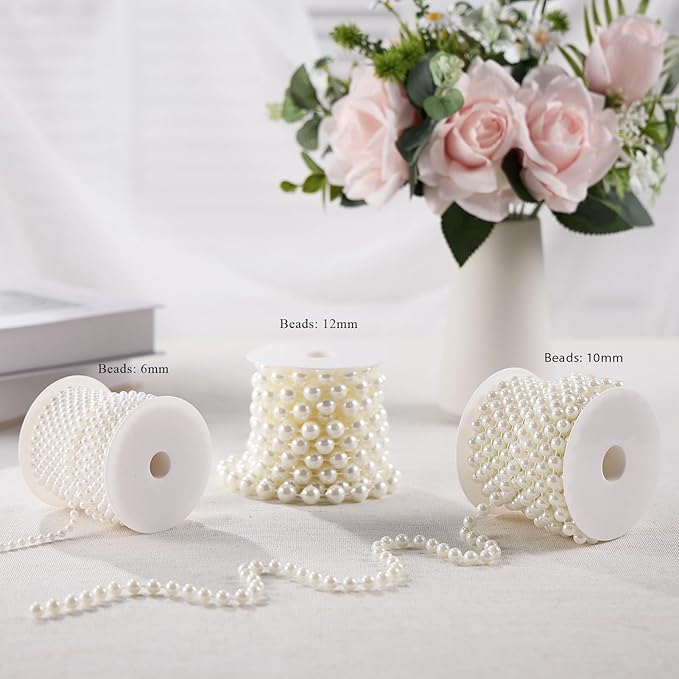 12mm Pearl Beads String, Ivory Pearls for Crafting Imitation Decorative Beads Garland 5.5 Yds, Wedding Party Valentine Christmas Tree Decorations