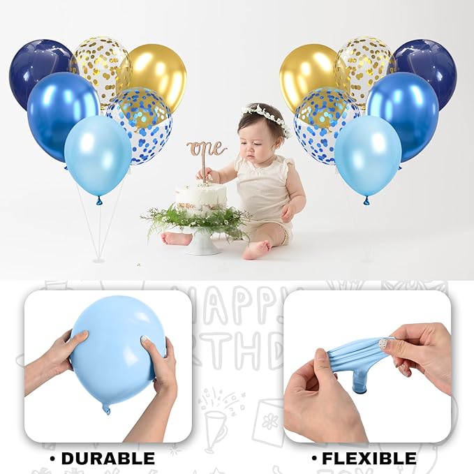 Blue and Gold Balloons, 60Pcs 12Inch Navy Pearl Party Balloons With Metallic Helium Balloon Confetti Latex Set for Boys Birthday Baby Shower Christening Decorations