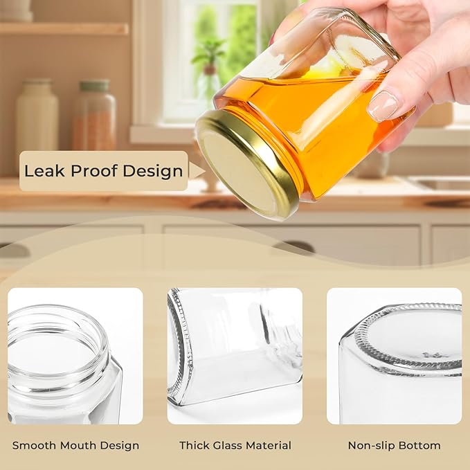 9 oz Hexagon Glass Jars with Gold Lids, 20 Pcs Canning Jars for Jam, Honey, Jelly, Candy, Candle, Wedding Favors, Baby Shower Favors, Spice Jars Crafts with Stickers and Pen for Labeling